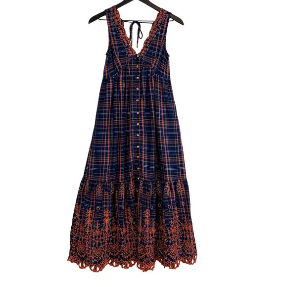 Anthropologie Midi Eyelet Plaid Plaid Navy Blue Orange Dress - 2XS XXS - Picture 1 of 10